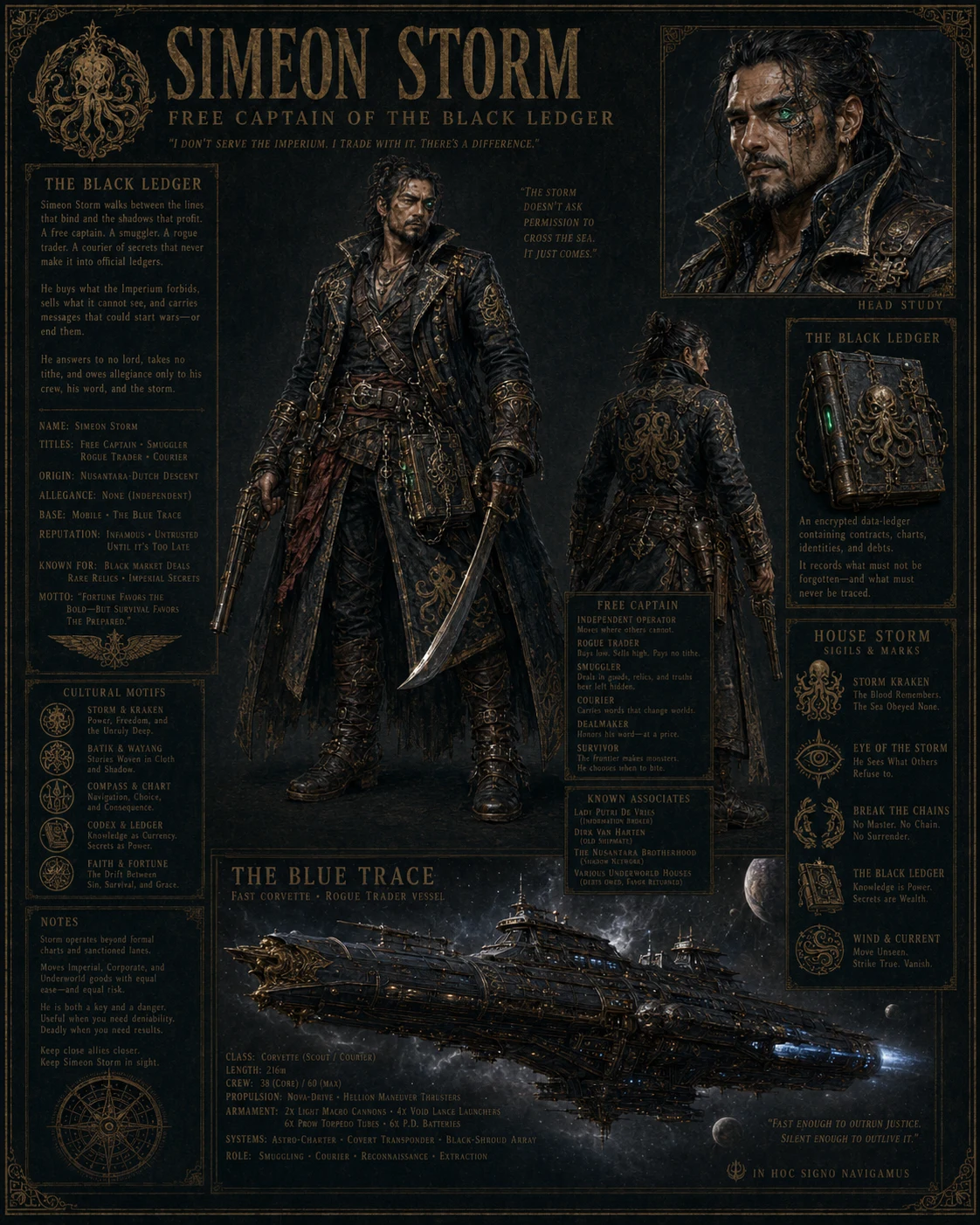 Concept dossier for Simeon Storm, free captain of the Black Ledger