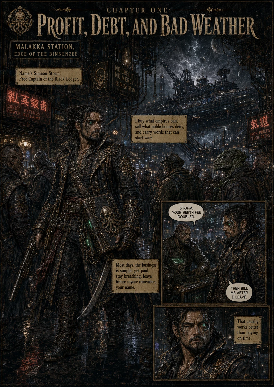 Opening comic page showing Simeon Storm arriving at Malakka Station