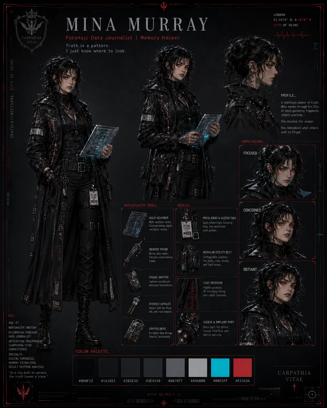 Concept dossier for Mina Murray, forensic data journalist and memory hacker