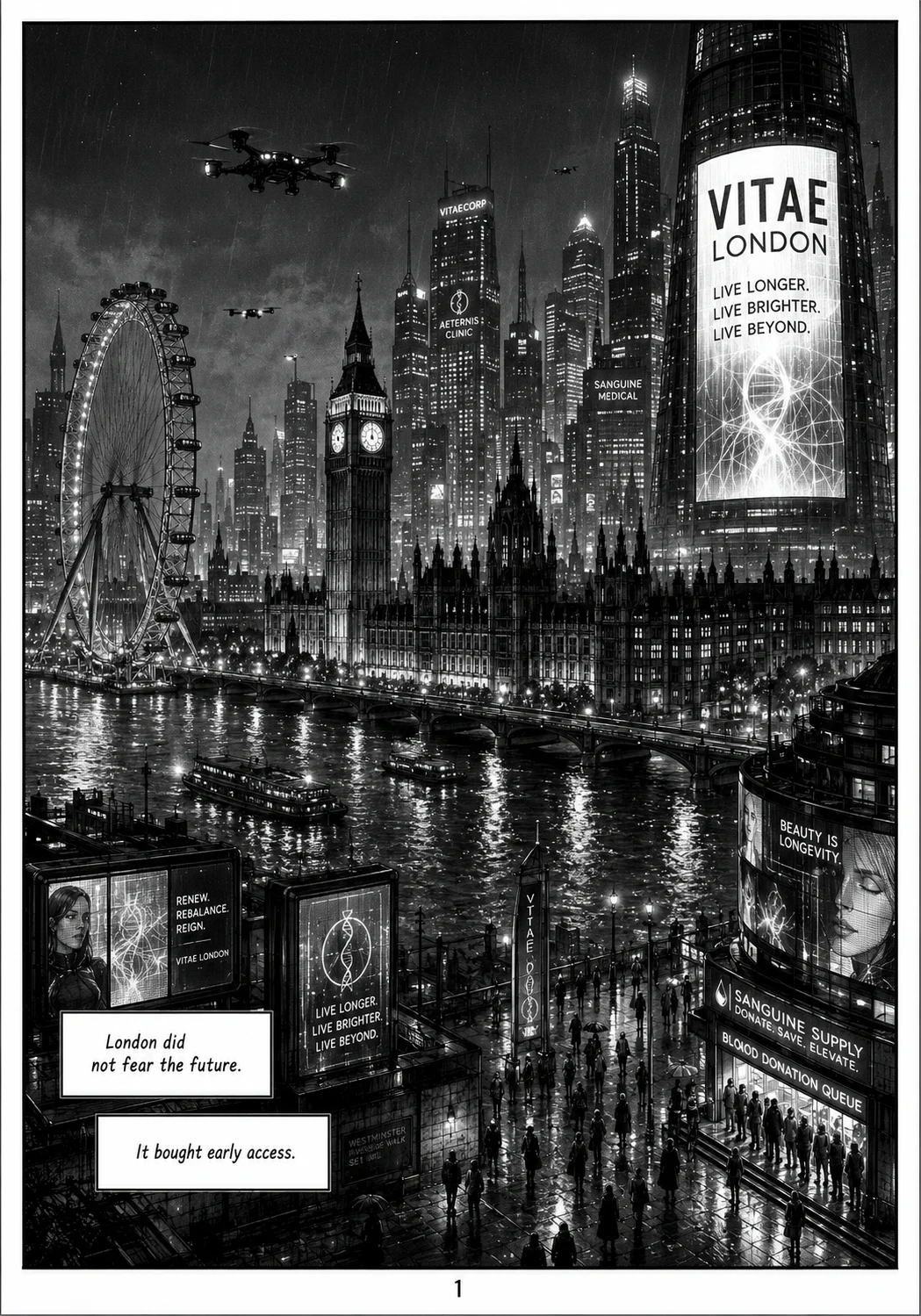 Opening graphic novel page showing a futuristic London dominated by Vitae London advertising
