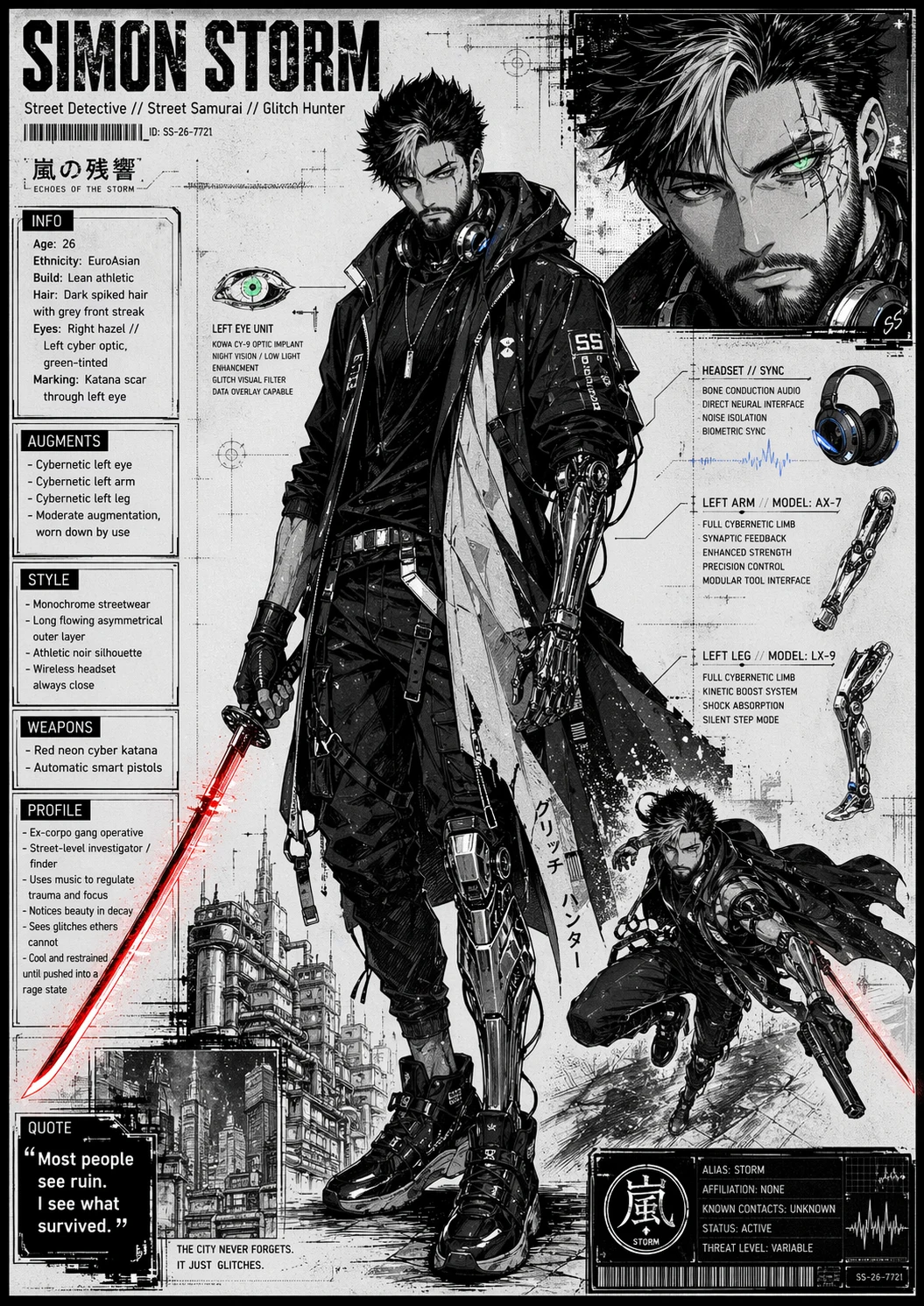 Character dossier for Simon Storm, street detective, street samurai and glitch hunter