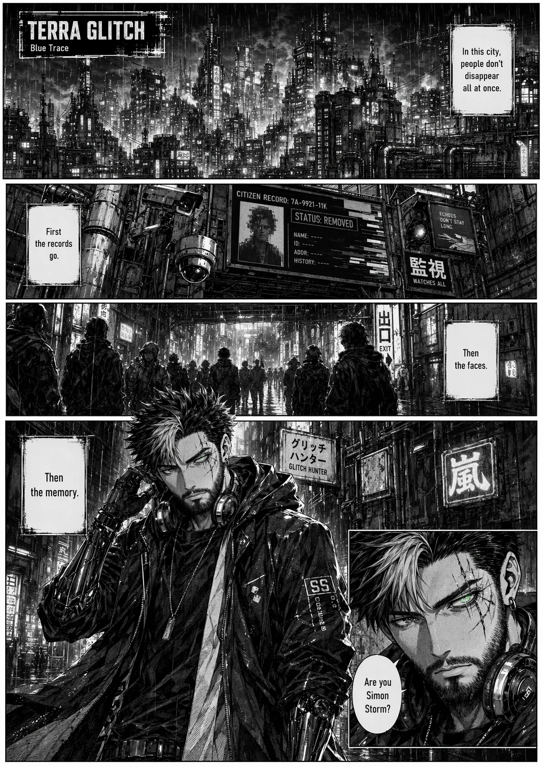 First page of Terra Glitch Blue Trace, introducing the city and Simon Storm